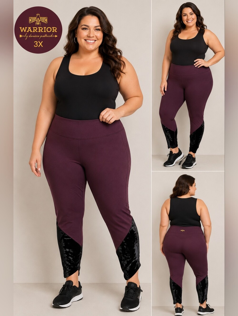 Warrior by Danica Patrick 3X Purple Black Velvet Colorblock Cropped Leggings